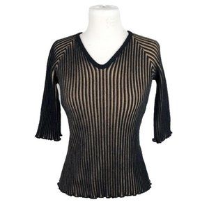 Nicowa Gold Black Wool Blend Ribbed V Neck Fitted Sweater Pullover EU 38 US M